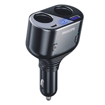 Philips Car Charger with USB + PD Port, Dual Cigarette Lighter with Digital Tube Voltage Monitoring & Universal Angle Adjustment - Imported from UK